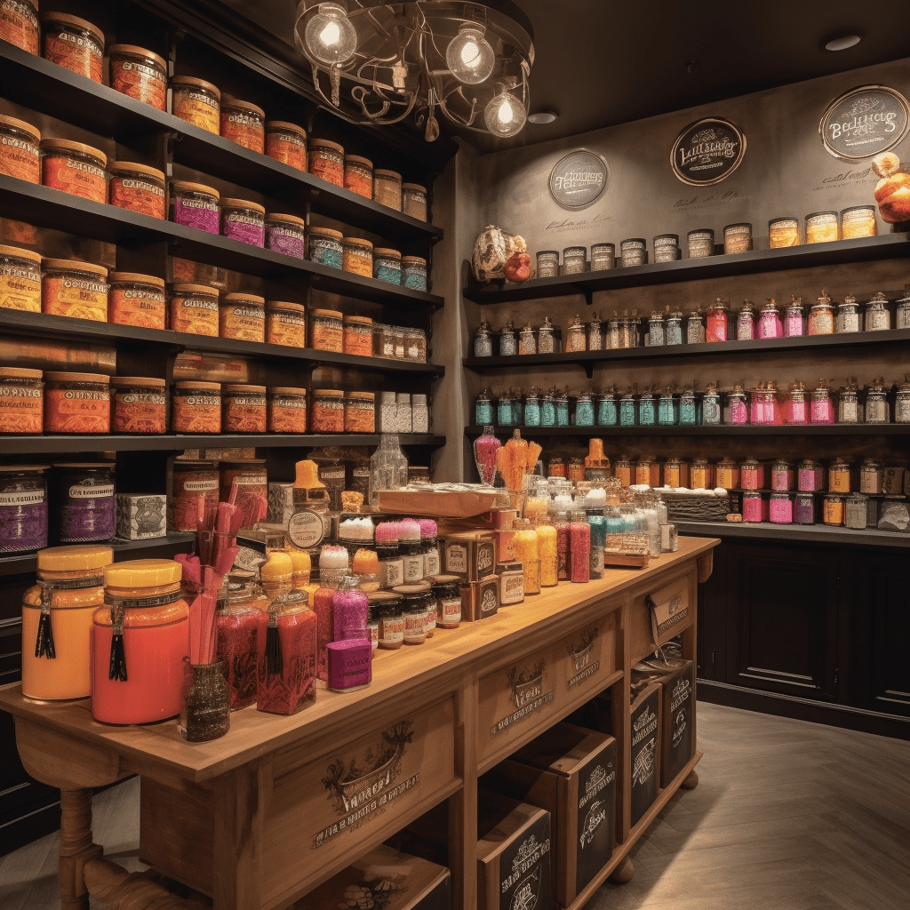 A bustling marketplace scene with an array of products on shelves, each bearing unique colorful labels