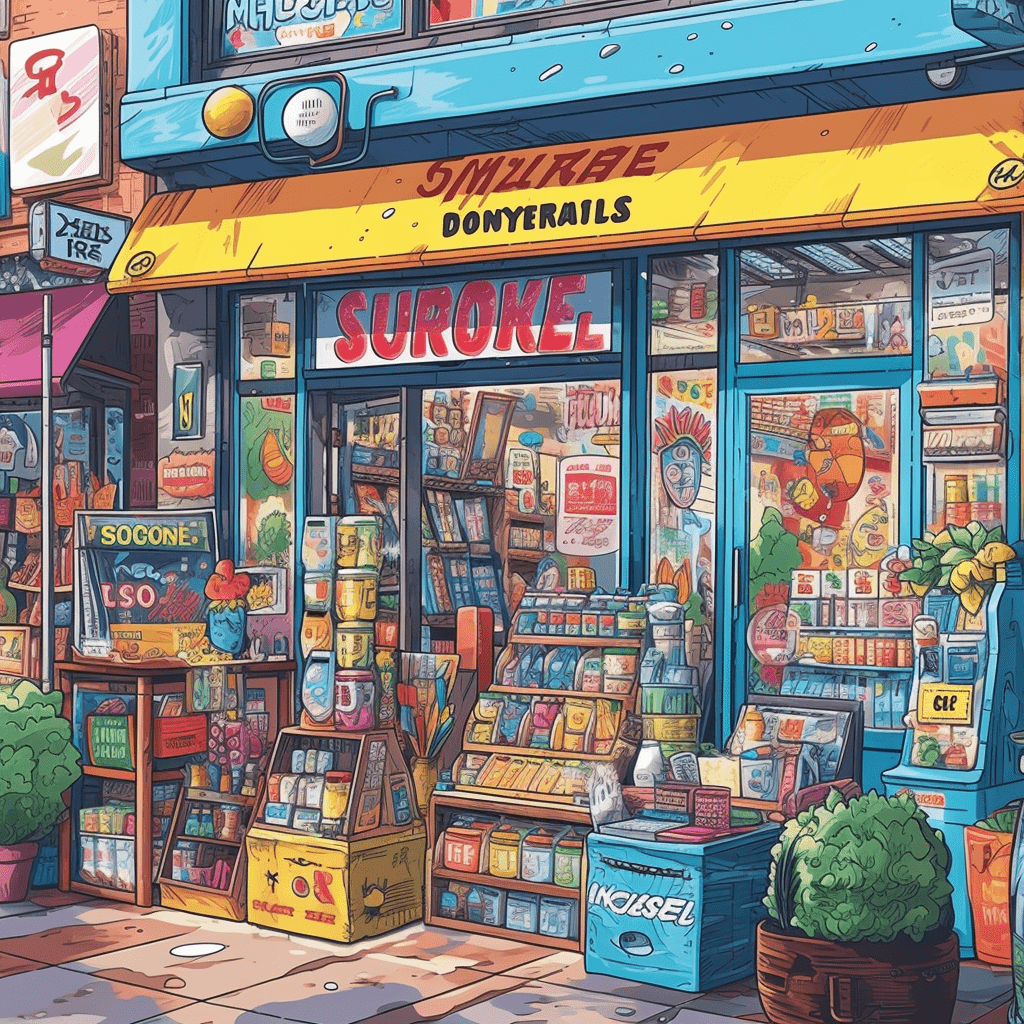A detailed hyperrealistic illustration of a vibrant marketplace scene where diverse businesses showcase their products each uniquely branded with colorful stickers