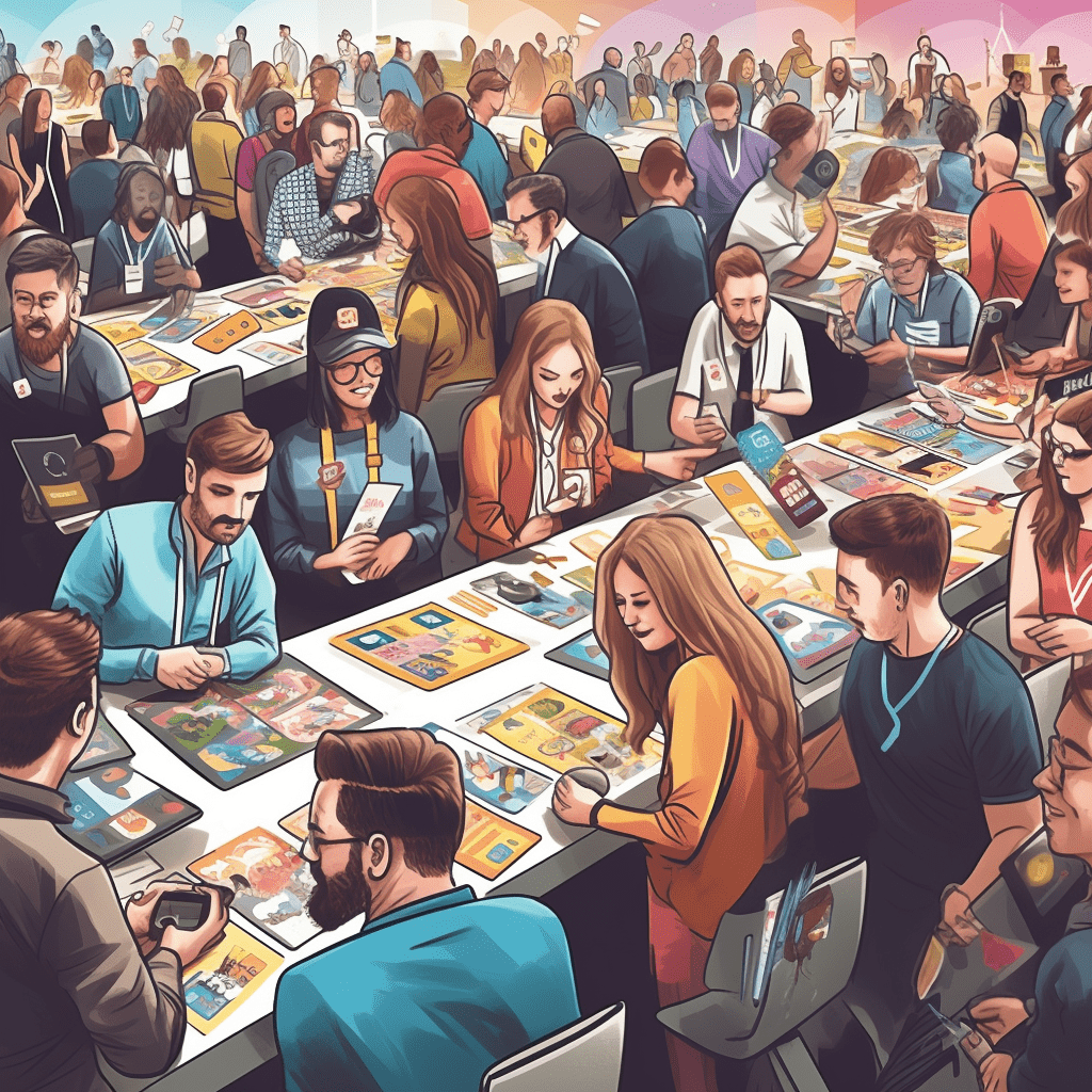 A dynamic hyperrealistic illustration of a bustling corporate event where attendees sport name tags and laptops decorated with personalized stickers